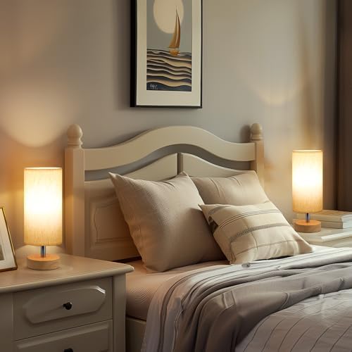 Table Lamps Set of 2 （Cream Shade - Wood Base, 11.6" Inline Control）