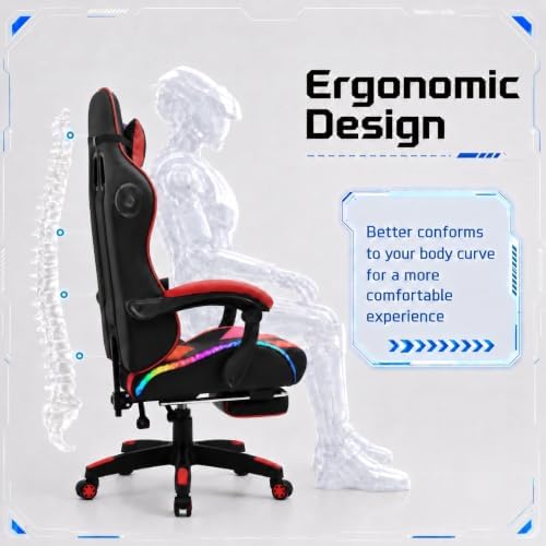 Redeer Led RGB Gaming Chair with Speakers Massage & Footrest, Reclining Gamer Chair for Adults, Video Game Chairs with Canopy, Heavy Duty Gaming Chair Massage, 350LBS RED