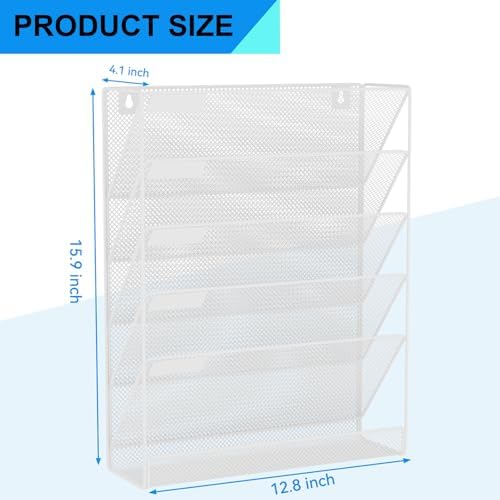 Wall File Organizer Holder Mesh Hanging Paper Document Holder,Vertical 6 Pocket Tier for Office Home, White