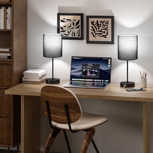 17.6" Black Touch Lamps for Bedroom Set of 2 - Dimmable, USB C+A, AC Outlet