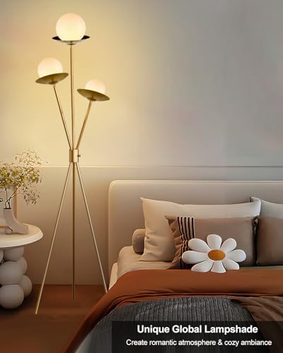 3 Globe Dimmable Tripod Floor Lamp, Mid Century Floor Lamps with 3Pcs 3000K Bulbs Included, Modern Gold Tall Lamp for Living Room Bedroom Home Office Sofa Beside Corner Decor