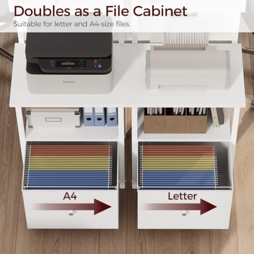 MAHANCRIS Printer Table with Storage, Home Printer Stand with File Cabinet, Fits A4/Letter Size Files, Printer Cabinet with Large Tabletop, Display Shelf, for Home Office, White PTWT3501