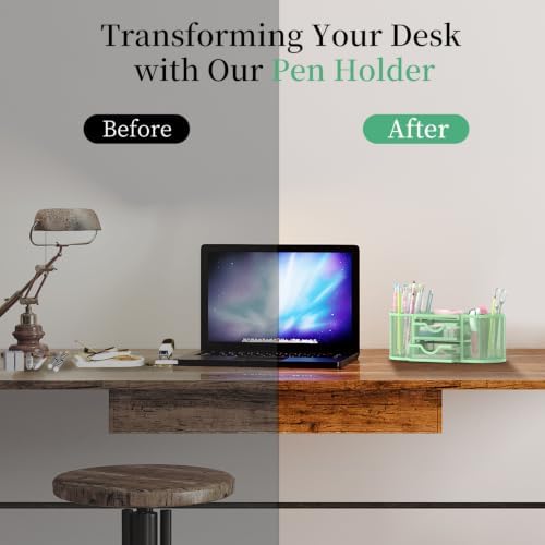 SUPEASY Mesh Desk Organizer, Pen Holder for Desk with 2 Drawers, MintGreen