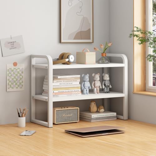 Office Desk Shelf Organizer, Wood Desktop Bookshelf Supplies Storage Rack, Shelf for Top of Desk and Dresser and Cubicle Decor Aesthetic Bookshelf (White White-Two Tier)