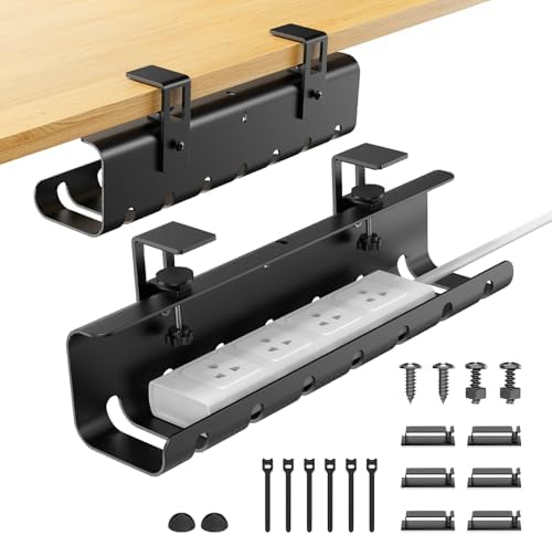 2 Pack No-Drill Under Desk Cable Management Tray 33.8 inch Large Wire Cord Organizers, Cable Management Under Desk for Home and Office No Damage Black