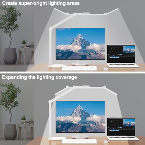 Micomlan Led Desk Lamp with Atmosphere Lighting, Rotatable Tall Architect Desk Lamp for Home Office with Swing Arm, 24W Bright Auto Dimming Adjustable Computer Light with Base for Table