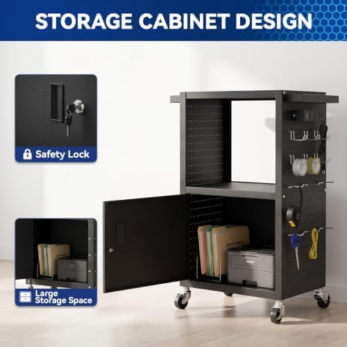Mobile AV Cart Heavy Duty Computer Cart with Cabinet Push Handles Rolling Media Cart with Outlets Customized Pegboard & Hooks Multipurpose Utility Cart with Extra Storage Space