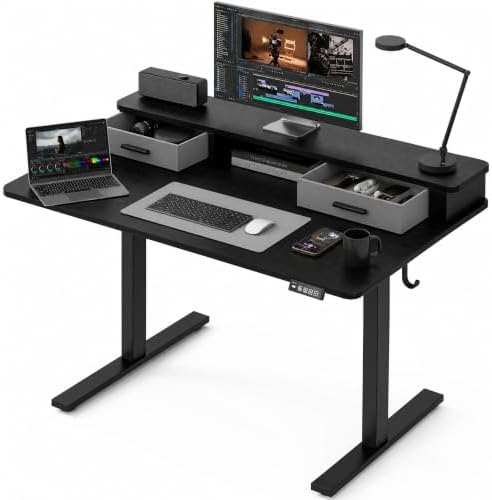 Grandder Electric Standing Desk with Two Drawers, Sit to Stand Up Height Adjustable Desk with Storage Shelf for Home Office, 47 * 24 Inch, Study, Ergonomic Adjustable Computer Desk, Black