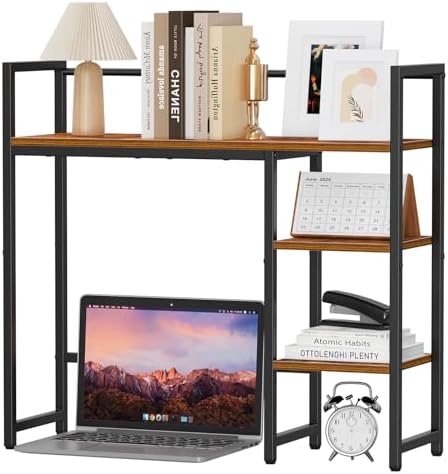 Snughome Desk Shelf, 31.9" Desktop Organizer Shelf, Desk Hutch for Computer Monitor, 4 Tier Desk Top Display Rack, Wood Desktop Bookshelf Storage Rack for Home Office Dorm, Rustic Brown