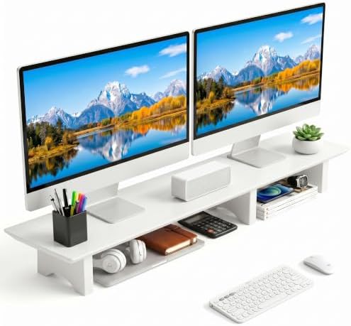Aothia 43 in White Dual Monitor Stand, Monitor Riser for Desk, Solid Wood