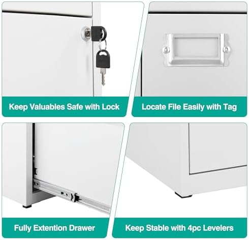SISESOL 2 Drawer File Cabinet with Lock,Narrow Vertical Filing Cabinet,Under Desk File Cabinets,White Metal File Cabinets for Home Office,Fit Letter/A4/Legal Size File,Easy Assembly