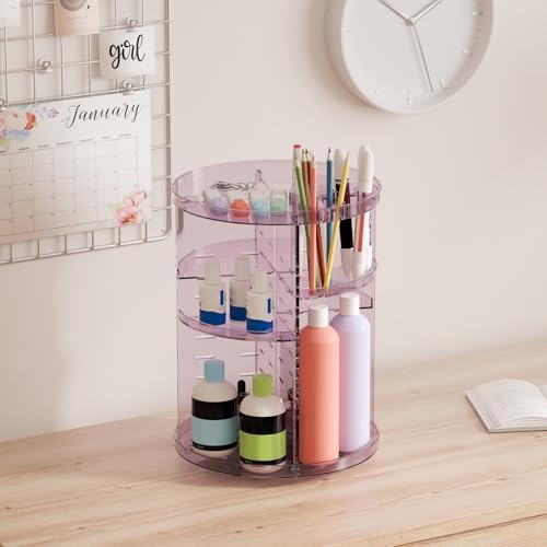 Rotating Makeup Organizer, DIY 8 Adjustable Layers Spinning Skincare Storage, Cosmetic Display Case with Brush Holder and Perfume Tray, Multi-Function Vanity Bathroom Countertop Organizer Clear Purple