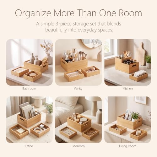 3 Pack Bamboo Storage Box with Handle, Wooden Organizer Bins