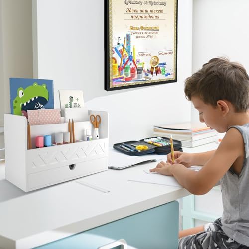 Wisuce Bamboo Mail Organizer with Drawer, Countertop Desk Organizer(White)
