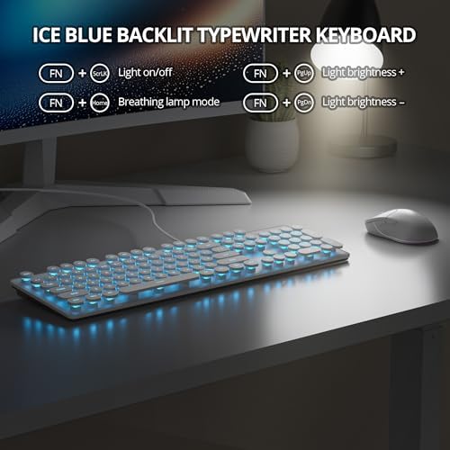 surmen Cute Quiet Keyboard Wired Typewriter Keyboard, Light Up Backlit PC Keyboards with Retro Round Keys Full Size 104 Keys for Office Computer (White)