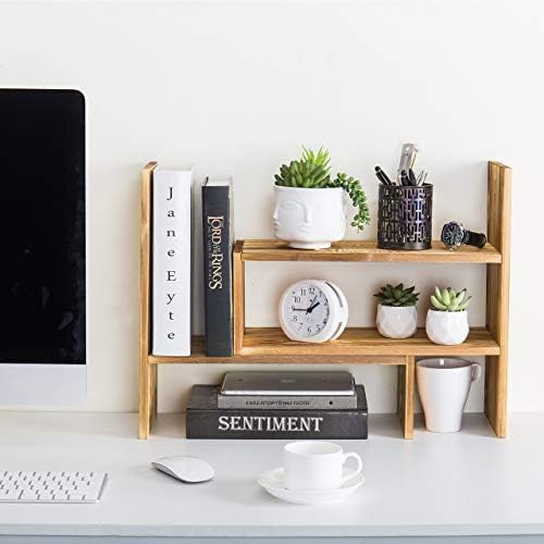 MyGift Adjustable Dark Brown Solid Wood Desktop Storage Organizer Display Shelf Book Rack, Home Office Desk Decor Bookshelf
