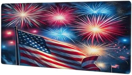 Large Mouse Pad American Flag Fireworks Non-Slip Rubber Long Gaming Desk Mat Big Computer Keyboard Mousepad Waterproof Protector Wristing Pad for Gaming Office Home Decorative 31.5 X 11.8 Inch