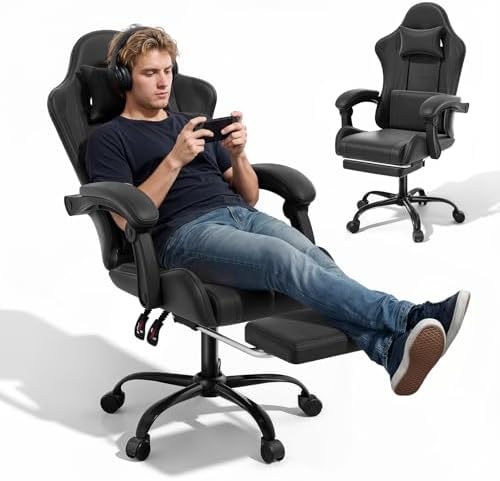 MoNiBloom Gaming Chair, Footrest & Lumbar Support, Height Adjust, Black