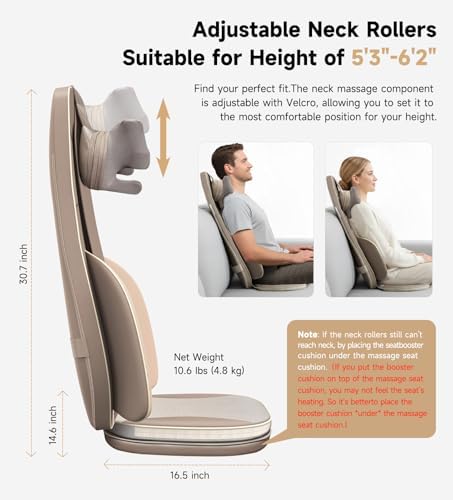 Flekzo Shiatsu Back Massager Chair Pad with 4-Zone Heat, Deep Tissue Kneading & Rolling, 6-Point Finger-Grip Neck & Back Massage, Adjustable Height, Office Chair & Recliner Seat Cushion, Khaki