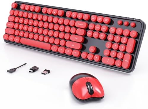 Wireless Keyboard Mouse Combo, 104 Keys Cute Colorful Typewriter Black Red