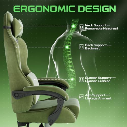 Ferghana Ergonomic Velvet Fabric Gaming Chair with Embroidery Fire, Massage Lumbar Support & Retractable Footrest, Reclining Racing Computer Office Desk Chair for Adults, Green