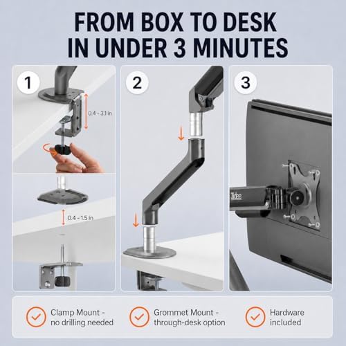 3IDEE FlexiLite Single Monitor Arm Desk Mount for 17-32" Screens, Holds up to 20 lbs, Slim Aluminium Design, Fully Adjustable & Flexible, Quick Box to Desk Setup, Clamp/Grommet Base, VESA 75/100