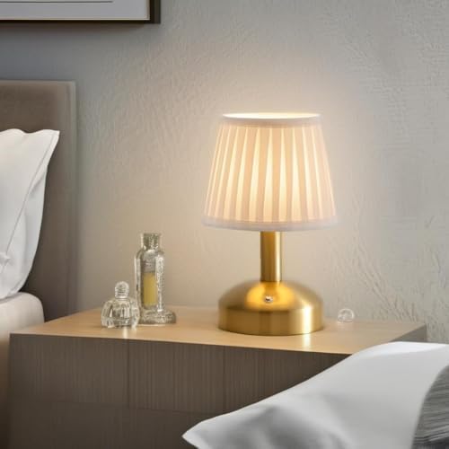 KDG Gold Cordless Small Table Lamp, Portable LED Fabric Shade Desk Lamp