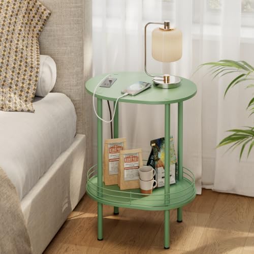 Small Oval Side Table with Charging Station, 2-Tier Green Round End Table