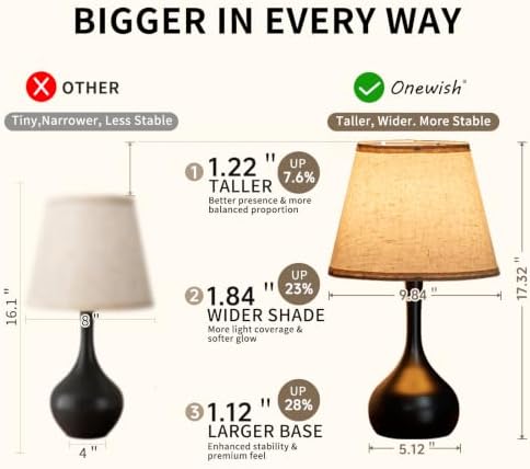 ONEWISH Touch Bedside Lamp, Farmhouse 3-Way Dimmable Table Lamps for Nightstand with Fabric Shade, 17.32'' Desk Lamp for Reading, Bedroom, Livingroom, Office