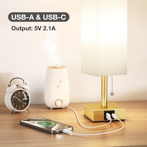 Gold Bedside Table Lamp for Bedroom - Desk Lamp For Nightstand, USB C+A