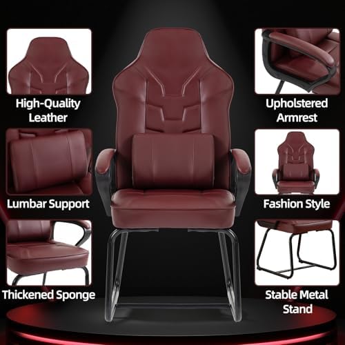 Leather Office Guest Chair No Wheels High Back Computer Reception Chairs with Padded Arms Waist Pillow for Gaming Meeting Conference Waiting Room, Red