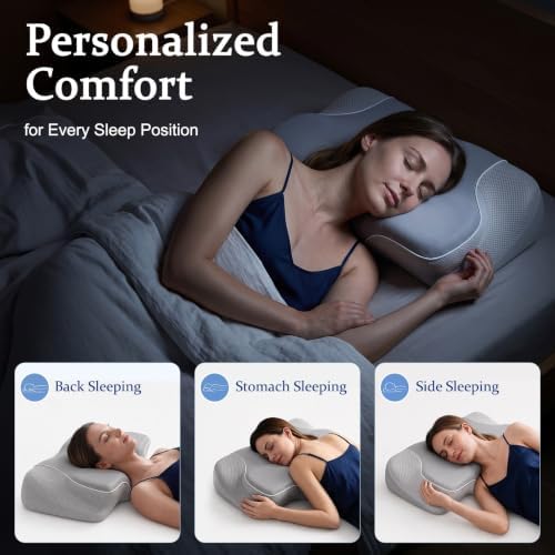 Cervical Neck Pillow for Pain Relief, Ergonomic Memory Foam Pillow for Neck & Shoulder Support，Grey, 60 * 36 * 13cm, Cooling Pillow for Side Back & Stomach Sleepers with Washable Cover