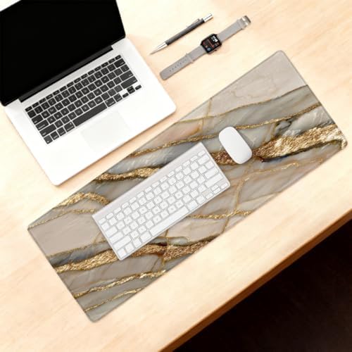 Large Mouse Pad Non-Slip Rubber Beige Marble Gold Long Gaming Desk Mat Big Computer Keyboard Mousepad Waterproof Protector Wristing Pad for Gaming Office Home Decorative 31.5 X 11.8 Inch
