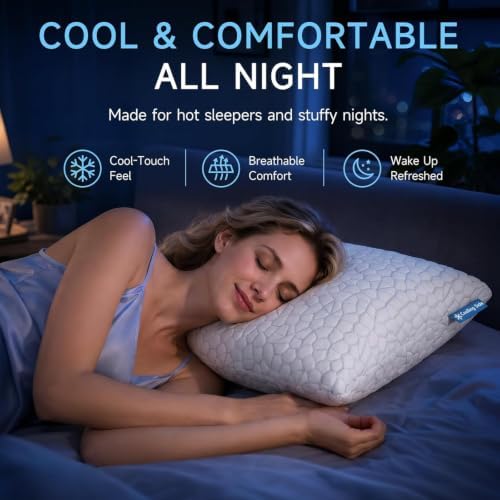 QUTOOL Cooling Pillow for Sleeping, CertiPUR-US Shredded Memory Foam Standard Pillows Set of 2,Cool Pillow for Hot Sleepers Adjustable Firm Pillow for Side,Back,Stomach Sleepers Soft Yet Support,White