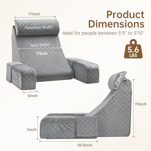 Vekkia 19'' Reading Pillow for Adults with XL Side Pockets, Adjustable Arms