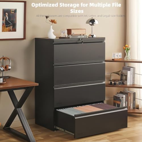 Guizeeopo Metal File Cabinet with Lock, 4 Drawer Lateral File Cabinets for Home Office, Heavy Duty Office Storage Cabinet for A4/Letter/Legal Size, Assembly Required(Black)
