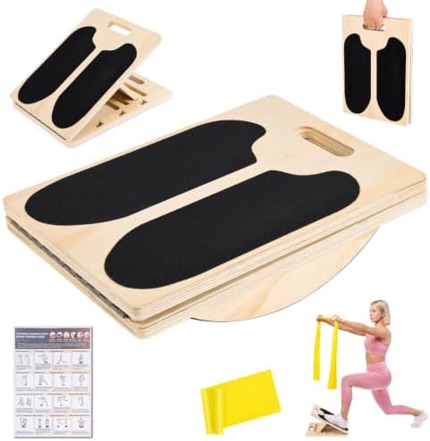 2-in-1 Slant Board & 180° Balance Board, Portable Adjustable Calf Stretch Board with Training Poster and Resistance Band, for Physical Therapy, Achilles Stretching