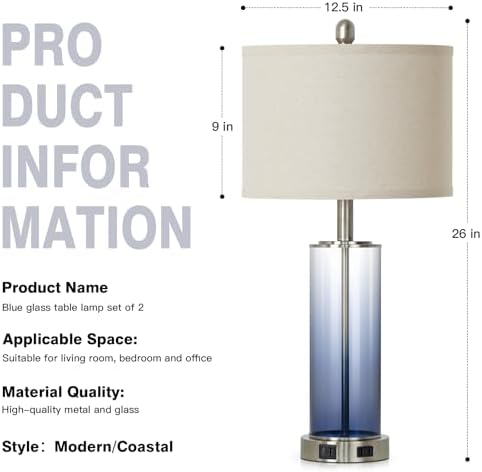 Ruzectt 26" Glass Table Lamp Single, 3-Way Dimmable Touch Control Living Room Lamp with USB C+A Ports & AC Outlet, Coastal Bedside Lamps, Bedroom Lamps for Nightstand Side End Table Desk, Blue-1PK