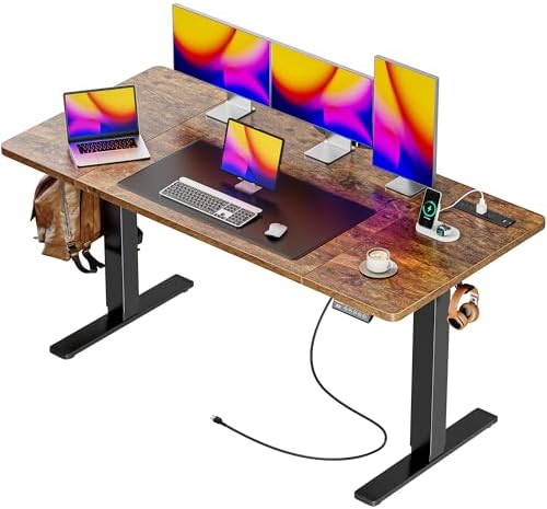 Huuger 55 x 28 Large Electric Standing Desk with 4 AC Outlets, Type-C Port, Height Adjustable Computer Desk, 27.6" Deep Desktop, Stand up Gaming Office Desk, 3 Preset Heights, Rustic Brown