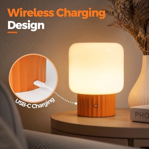 VOLISUN Mushroom Lamp, Cordless Rechargeable Table Lamp with Glass Shade, 3 Color Temperatures & Stepless Dimming, 5200mAh, Touch Control Bedside Lamps for Living Room, Bedroom, 1 Pack (Orange)
