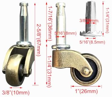 1" Swivel Stem Ball Caster Wheel, Zinc Alloy Castor for Furniture Socket Type Mounting Stem, Antique Brass, 353lbs, Pack of 4