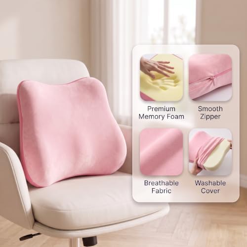 Lumbar Support Pillow, Ergonomic Memory Foam Back Cushion for Car Office Chair Gaming Chair, Washable Cool-Touch Cover for Lower Back Support (Pink)
