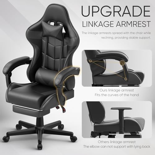 Huracan Gaming Chair with Footrest, Ergonomic Computer Chair Lumbar Support, Adjustable High Back Recliner for Adults, Racing Style Video Gaming Chairs, for Home Office Streaming, Black