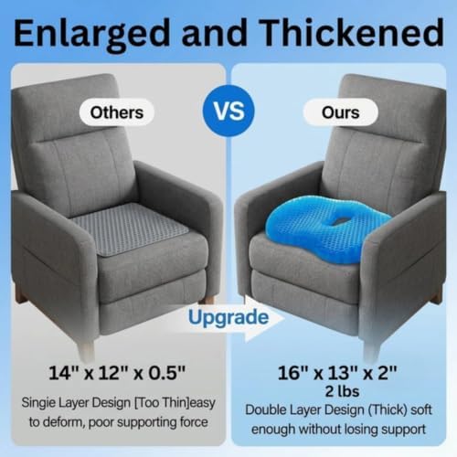 100% Gel Seat Cushion Original-Extra Thick, Breathable Honeycomb Design,Non-Slip Cooling Cushion for Office Chair, Car & Wheelchair, Blue 1pc Seat Cover