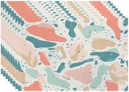 Batmerry Terrazzo Inspired Abstract Linen Placemats Set of 8, Pastel Geometric Shapes Washable Table Mats for Kitchen Table Thickened Heat Insulation Dining Set Indoor Outdoor 12X18 in