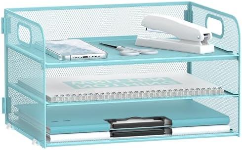 DALTACK 3 Tier Paper Organizer for Desk, Sliding Paper Trays, Blue
