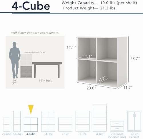 Homes: Inside + Out Apexa 4-Cube Storage Organizer Shelves, Stackable Wood Bookcase Fits Cubby Bins for Organization, Dorm Teen Room Decor & Home Office, White
