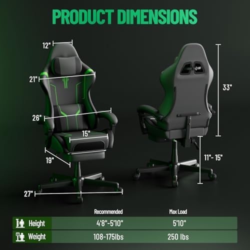 Ferghana PU Leather Gaming Chair, Ergonomic High Back Gamer Chair with Footrest and Linkage Armrest, Office Computer Video Game Chair for Adult, Grey/Black/Green