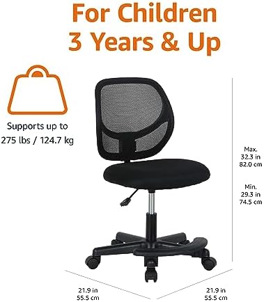 Amazon Basics Kids Adjustable Height Mesh Low-Back Swivel Desk Chair with Footrest, Rolling Chair with Casters for Smooth Mobility, Black