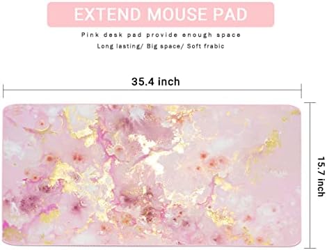 Extended Gaming Mouse Pad(35.4x15.7 in), Large Desk Pad Laptop Computer Keyboard Mat Waterproof Desk Decor Writing Pad for Work, Game, Office, Home - Pink Gold Marble